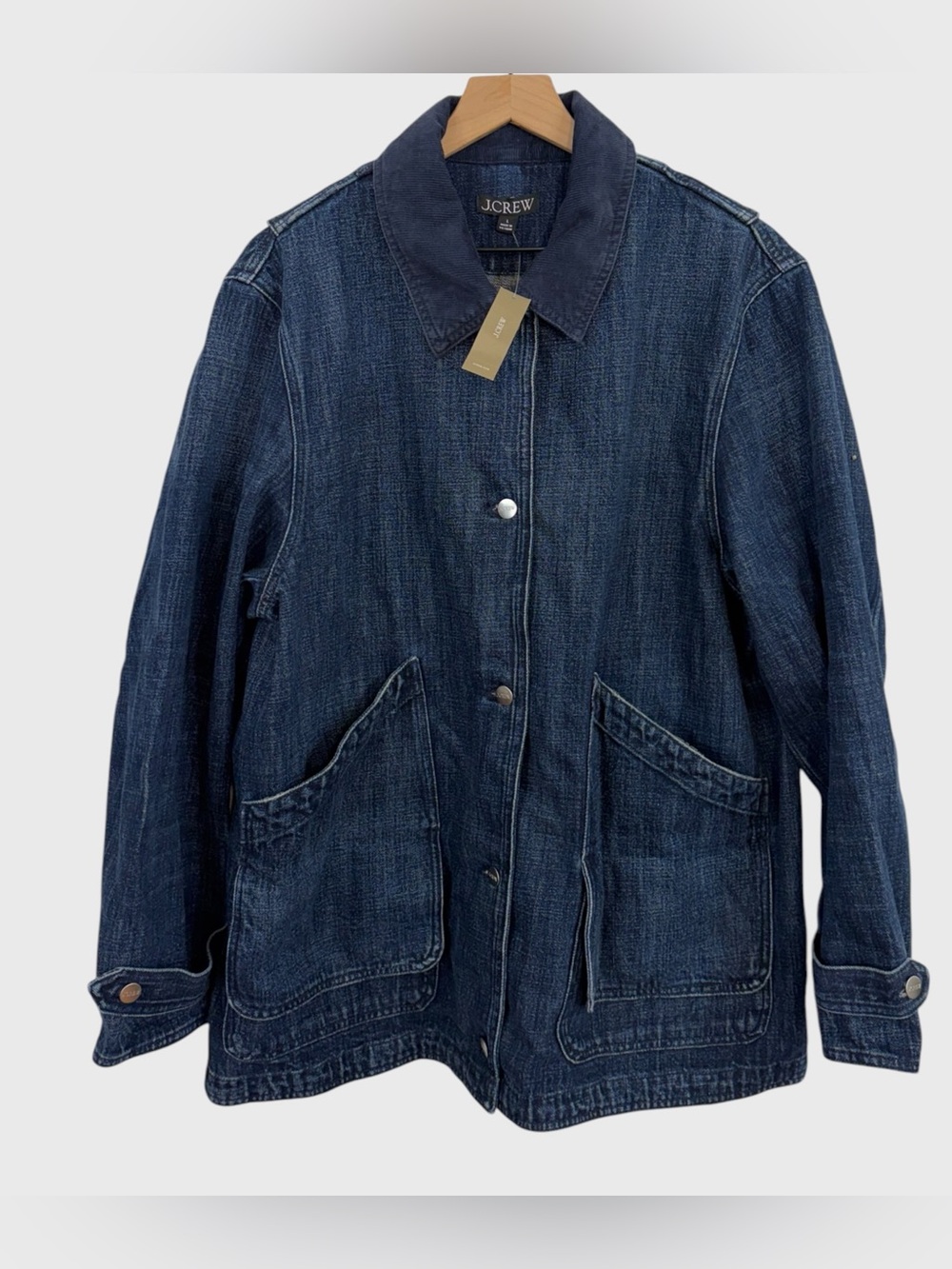 J Crew NWT Dark Blue Denim Barn Jacket with Oversized Pockets Size Large